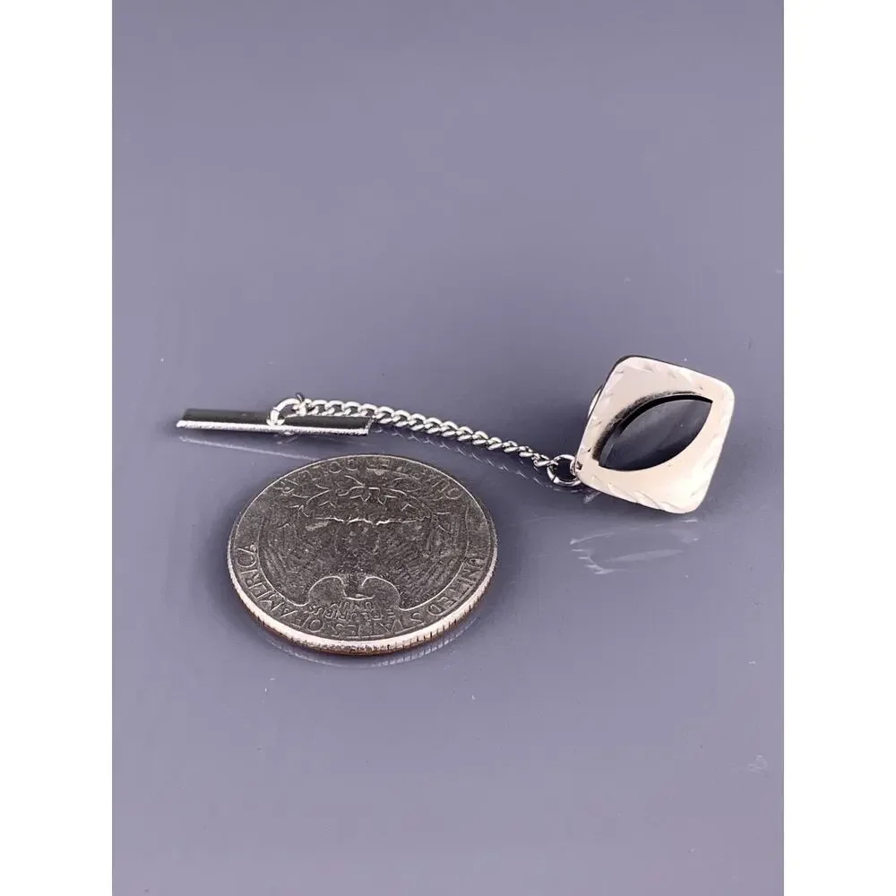 Black Obsidian Sterling Silver Tie Tack Pin Square Simple Carved Vintage